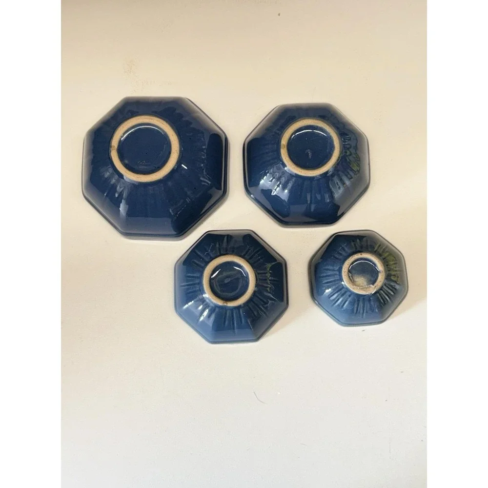 Vintage Blue Art Pottery Nesting Measuring Bowls Stoneware MCM Kitchen Set Of 4
